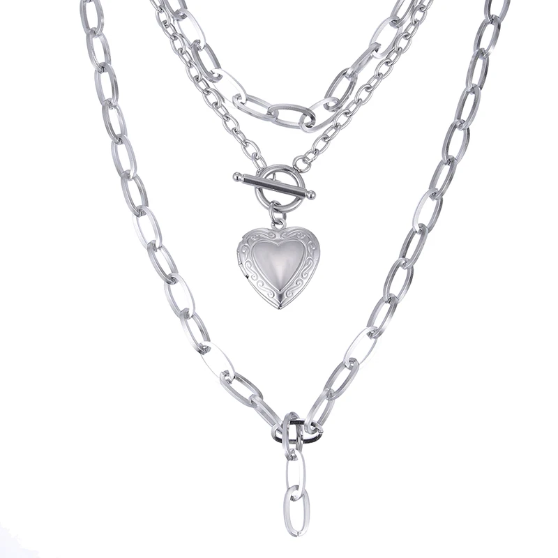 

New Fashion Hip Hop Silver Plated Link Chain Punk Sport Heart Thick Jewelry Layered Male Necklaces