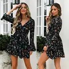 Пикантное модное женское короткое платье с V-образным вырезом, Расклешенным рукавом, небольшим цветочным узором, а-силуэтом, поясом-бантом, оборками и асимметричным подолом