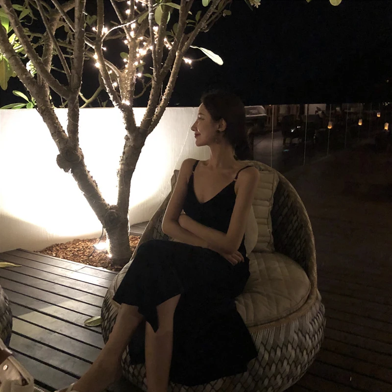 

Backless Sexy Strap Black V Neck Dress Women Elastic Long Dresses Sleeveless Camisole Clubwear Evening Party Dress Women's Robe