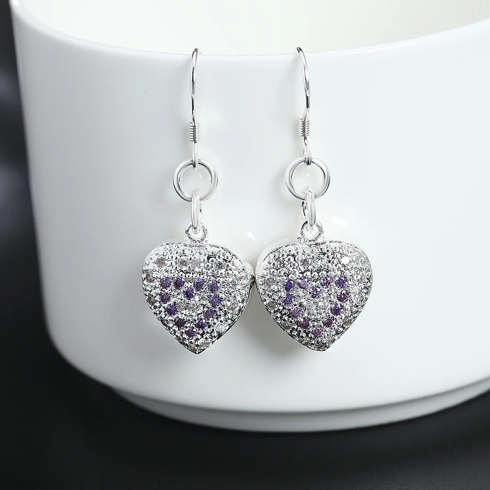 Fashion 925 Silver Earrings Zircon Crystal Heart Woman Glamour Jewelry Gift | Drop