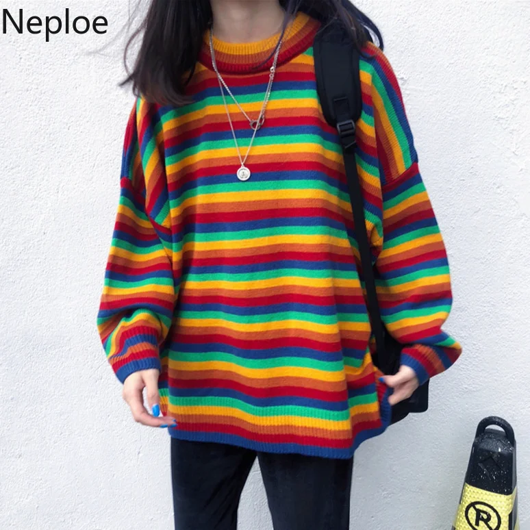 Neploe Pull Femme Радужный Полосатый пуловер с длинными рукавами свитер Harajuku корейский женский модный вязаный пуловеры Топ Джемперы 54352