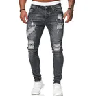 Мужские рваные узкие джинсы, синие, черные, серые мотоциклетные мужские джинсы-карандаш в стиле хип-хоп, джинсы на молнии, высококачественные эластичные джинсы