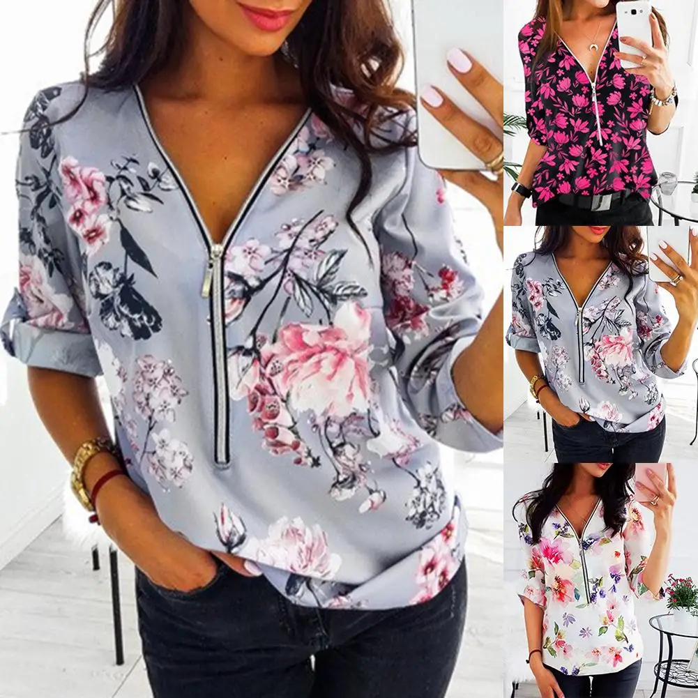 Модный женский Повседневный пуловер на молнии с цветочным принтом v-образным