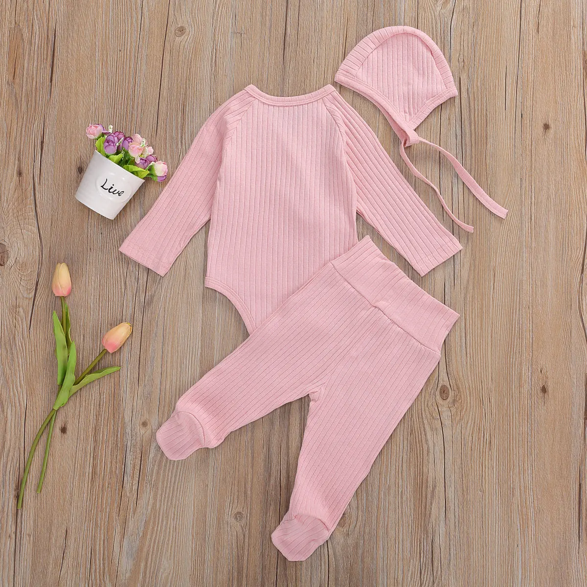 Детский комплект одежды из 3 предметов в рубчик однотонный комбинезон с длинными