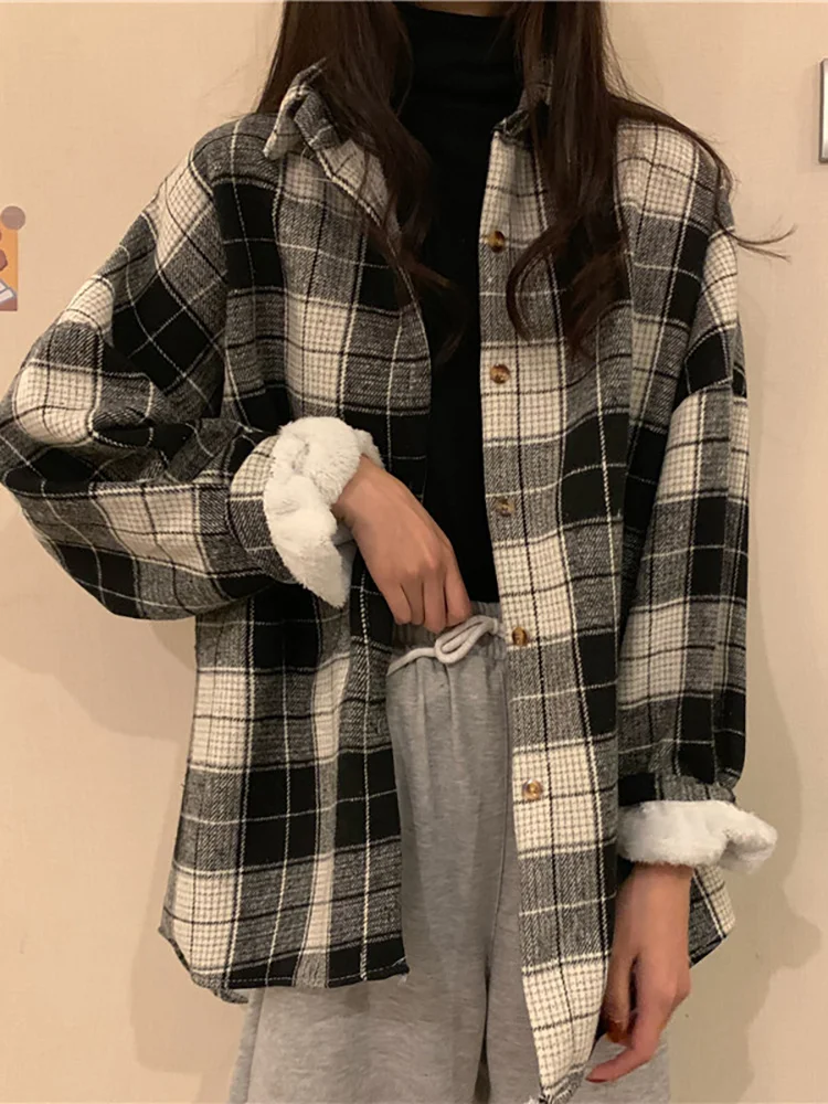 Женская утепленная блузка Свободное пальто средней и длины в клетку с матовым