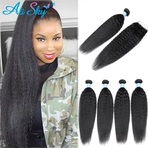 Индийские курчавые прямые волосы AliSky, 4 пряди с кружевной застежкой, наращивание волос Реми, искусственные пряди с шелковистыми застежками