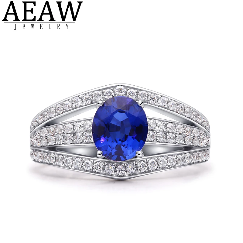 

2.0ct 7x9mm Oval Cut Lab Sapphire Center stone, Moissanite Side Stone Wedding Engagement Ring Solid 14K White Gold for Women