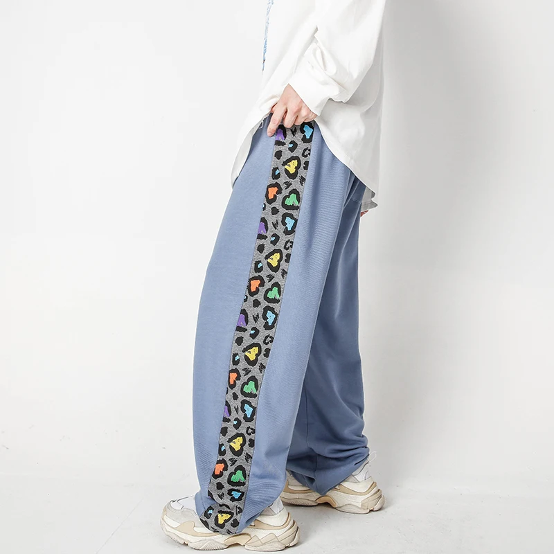 

Side Striped Leopard Wide Leg Sweatpant Hip Hop Multicolor Patchwork Sweat Pants Men and Women Loose Casual Trousers Male
