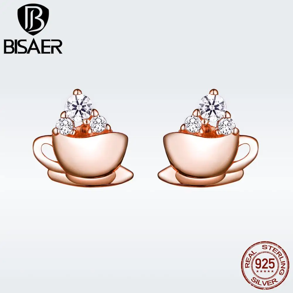 BISAER, прекрасный стиль, 925 пробы, серебро, розовое золото, крошечные серьги-гвоздики с кофейной чашкой для женщин, модные корейские Драгоценности GXE592