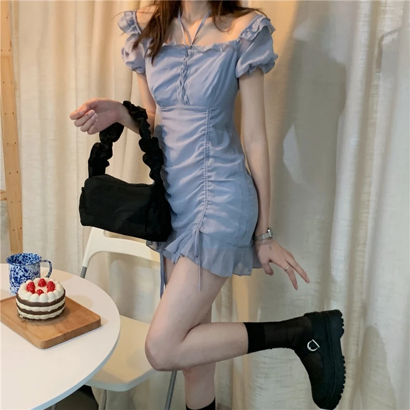 

Summer Drawstring Chiffon Dress Women Slim Ruffle Trim Solid Color Korean Style Casual Sexy Ladies Mini Dresses 2021 New