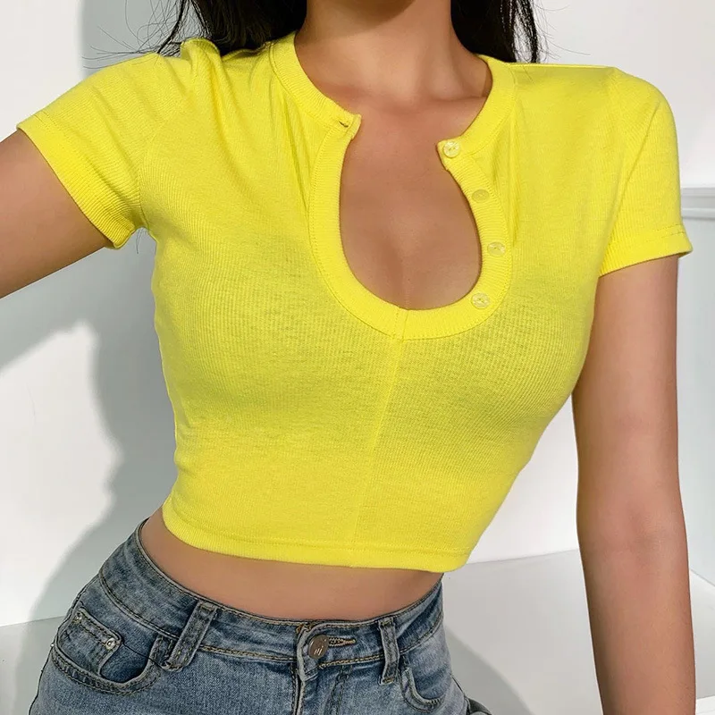 

2021 Hollow Out Low Cut Yellow Women Top Shirt V-Neck Short Sleeve Skinny Elastic Fashion Elegant Bodycon Lady Chic Crop Tops