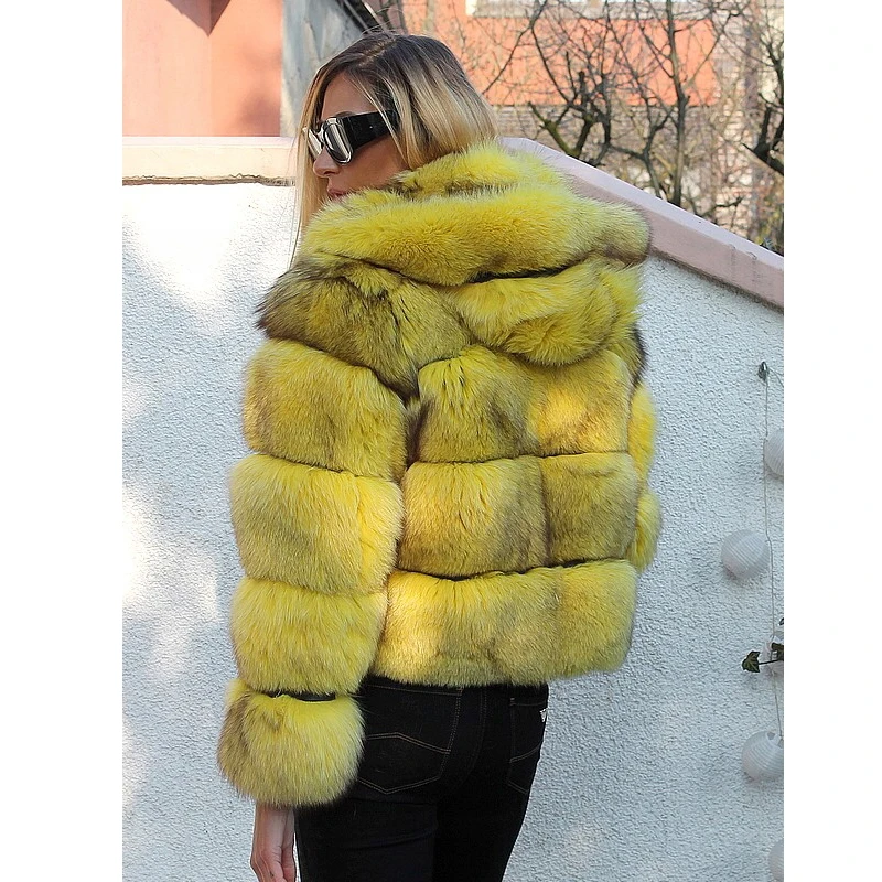 Luxury Women Yellow Fur Coats Natural 2022 New Winter Fashion Real Fox Fur Jacket With Hood Thick Warm Overcoats Trendy Woman