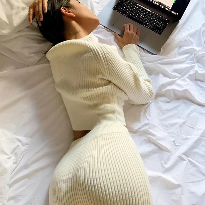 

women's Sweater Skirts Suit Autumn fashion slim irregular knitted sweater skirt suit Long Sleeve Sweater Long Skirt Two Piece