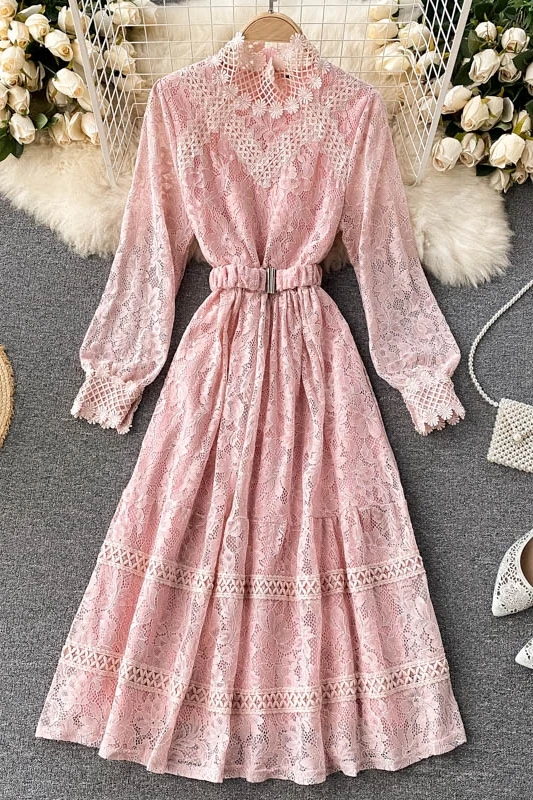 

2021 Autumn and Winter New Hollow Lace Small Stand-up Collar Slim Fit Mid-Length Fairy Skirt Dresses Undefined