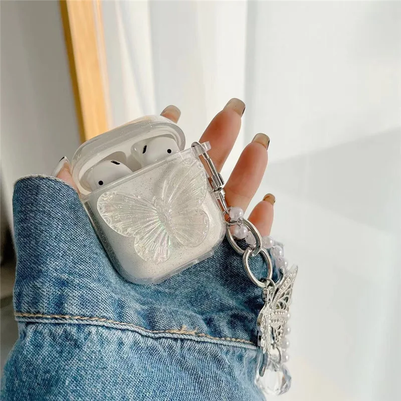 

Cute Clear Monarch Butterfly Headphone Case For Airpods 2 1 Earphone Case Cover For Airpods Pro 3 Coque with Pendant Pearl Chain