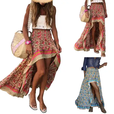 Women’s Summer Casual Long Skirt Vintage Printing High-waist Irregular A-line Skirt Skirts New Fashion 2021