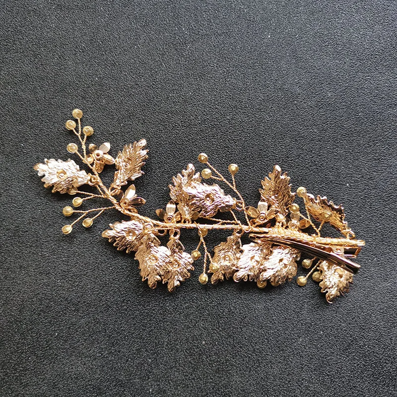 

SLBRIDAL Handmade Alloy Golden Rhinestone Crystal Flower Leaf Wedding Hair Clip Barrettes Bridal Hair Accessories Women Jewelry