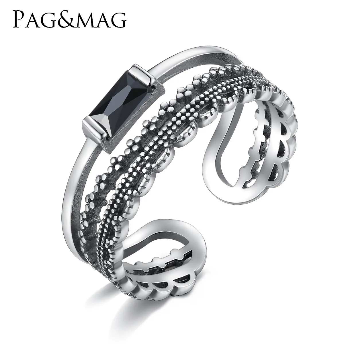 

PAG&MAG European and American jewelry S925 sterling silver jewelry set AAA grade black zircon high-end atmosphere ring female