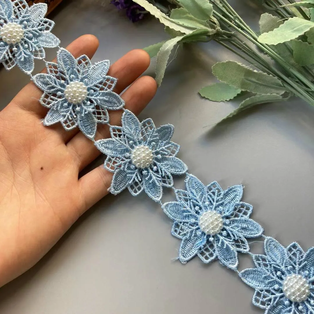 

1 Yard 5cm Blue 3D Lace Trim Ribbon Pearl Beaded Floral Flower Embroidered Applique Patches Dress Fabric Sewing Craft Vintage