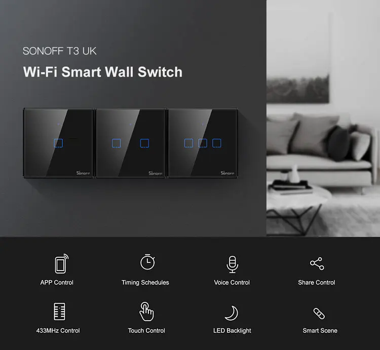 Интеллектуальный выключатель света SONOFF T2/T3 EU/UK TX 1/2/3 Gang Смарт Wi-Fi Сенсорный настенный выключатель света Умный дом 433 RF/Голосовое управление/приложение Управление