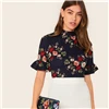 SHEIN abaya/темно-синяя гофрированная манжета с круглым вырезом, футболка с цветочным принтом, топ, женский летний рукав-Волан женские, облегающие элегантные футболки, топы