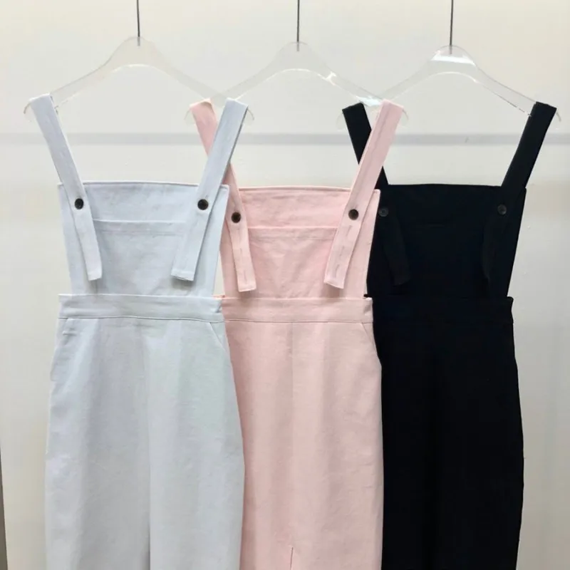 

Korejpaa Women Dress 2021 Korea Chic Summer Joker Slim Multi-pocket Design Split Over Knee Long Long Strap Dresses Female