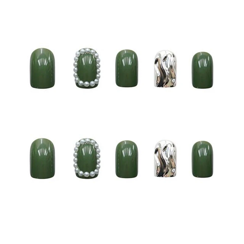 

24pcs Nail Tips 3D Pearl Princess False Nails Water Ripple Fake Nail Art Manicure Green