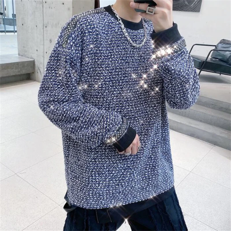 

Nightclub shiny rivet sweater men and women bar singer performance clothes loose pullover knit clothes blusa de frio masculino