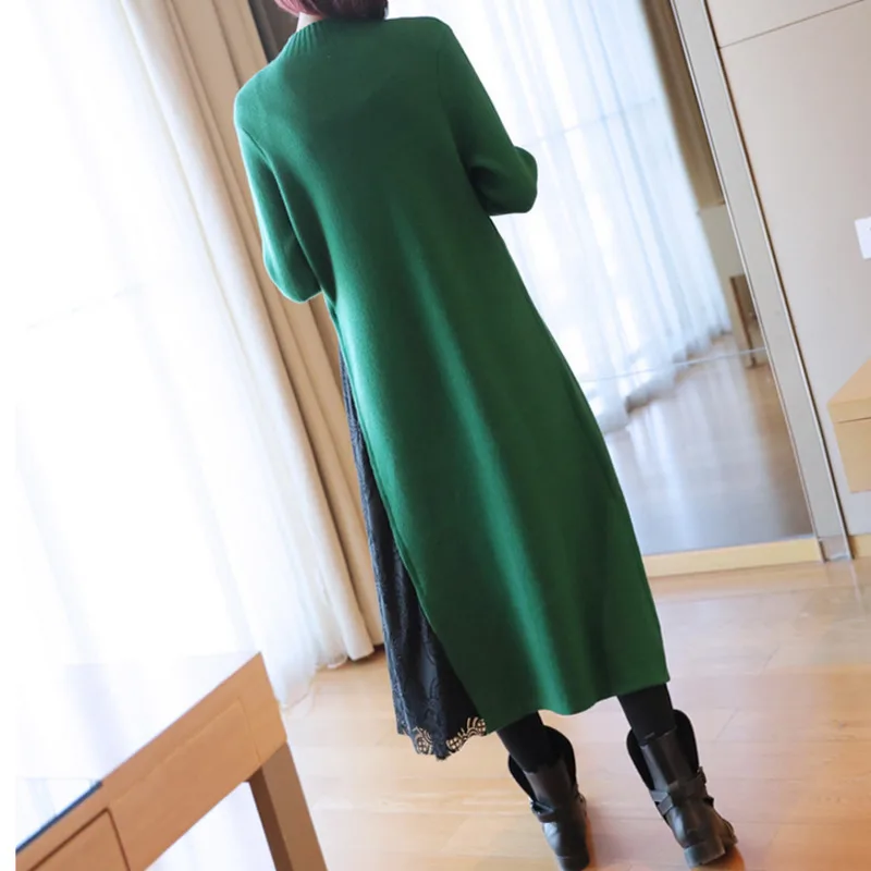 Женское кружевное платье LANMREM трикотажное с высоким воротом длинным рукавом и