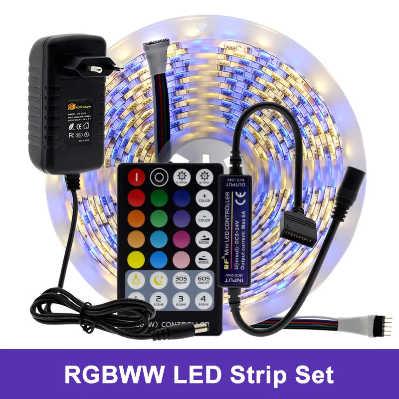 RGB Warm White DC12V 5050 Светодиодная лента RGB/RGBW/RGB+ CCT/двойной белый 5 м гибкий светильник+ РЧ пульт дистанционного управления+ адаптер питания набор светодиодных лент - Испускаемый цвет: RGB Warm White