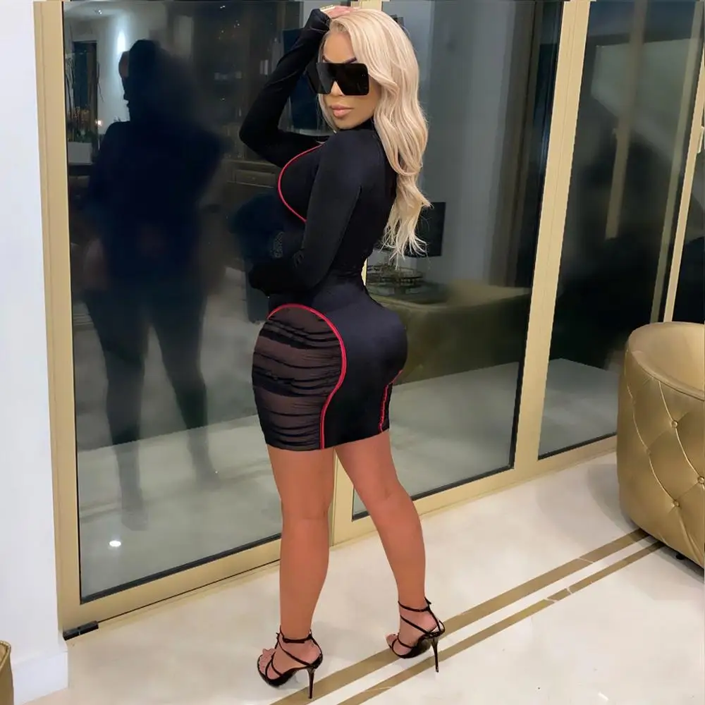 Пинг Чжао Осень Сетки Лоскутное облегающее платье миди для Для женщин уличная