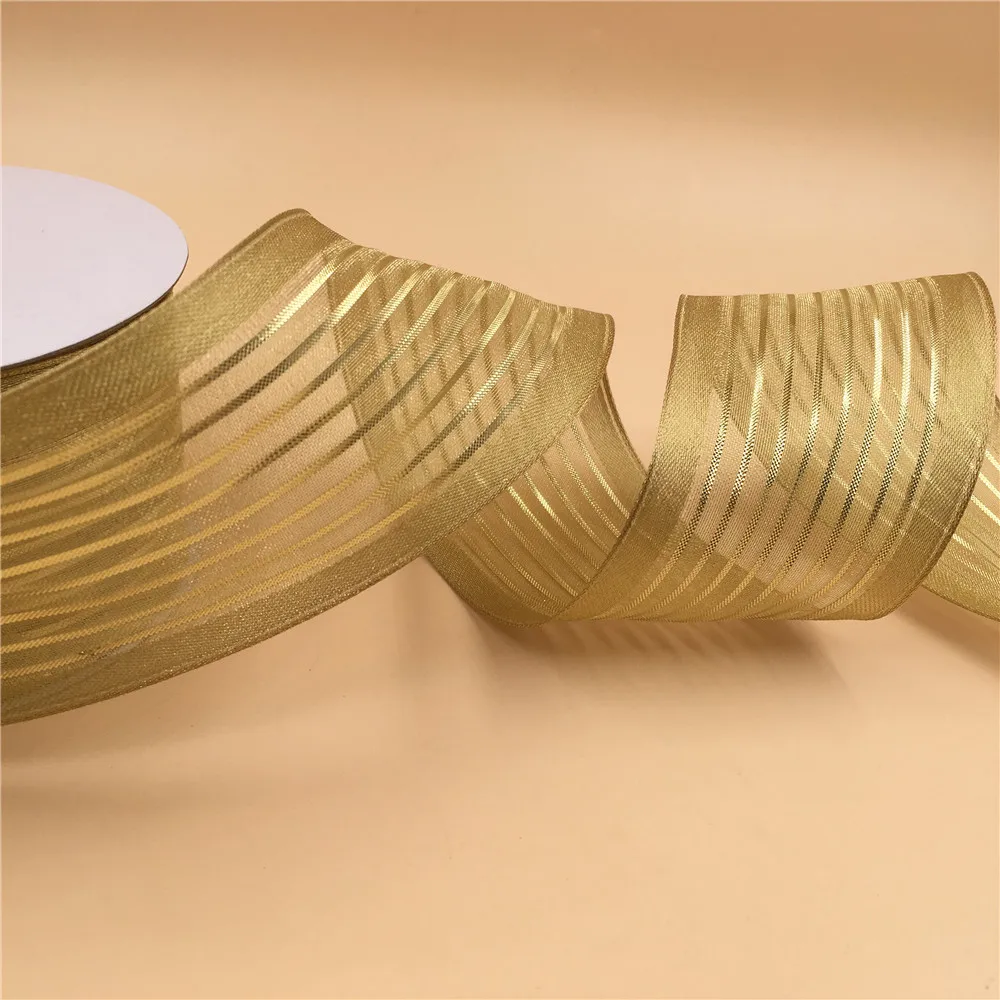 

63MM X 25 Yards Wire Edge Gold Glitter Stripes Metallic Organza Ribbon for Birthday Decoration Chiristmas Gift Wrapping 2-1/2"