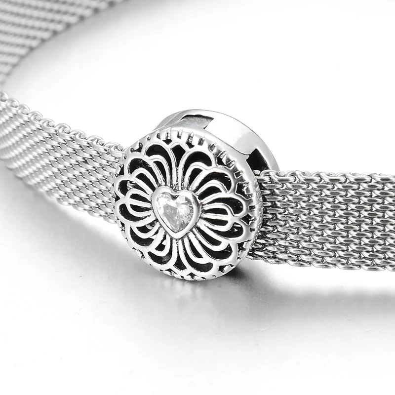 Полые 925 стерлингового серебра прозрачное Сердце CZ Шарм клип бусины Женские