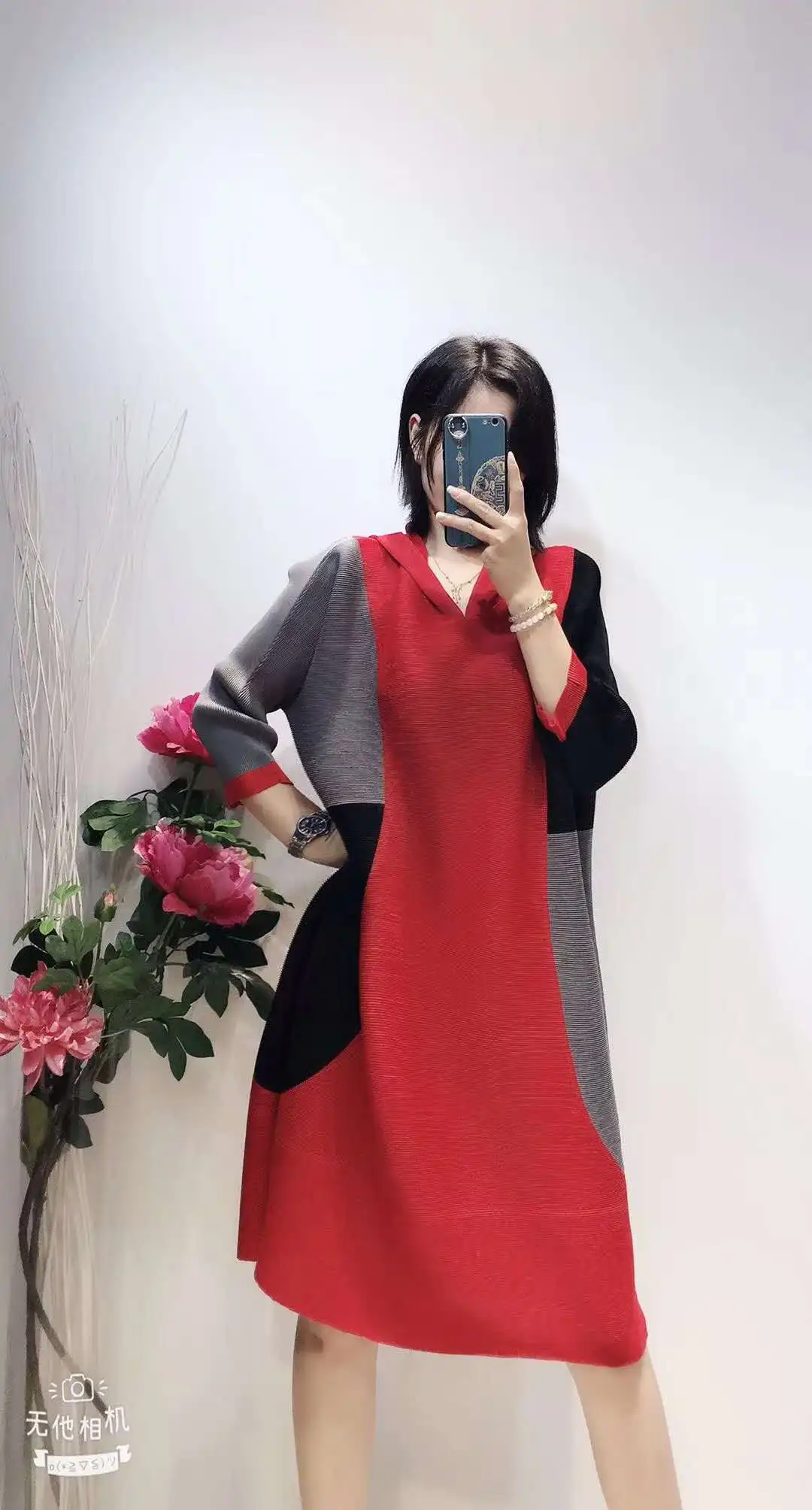 

HOT SELLING Fashion fold patchwork Hooded collar the three quarter Straight dress IN STOCK