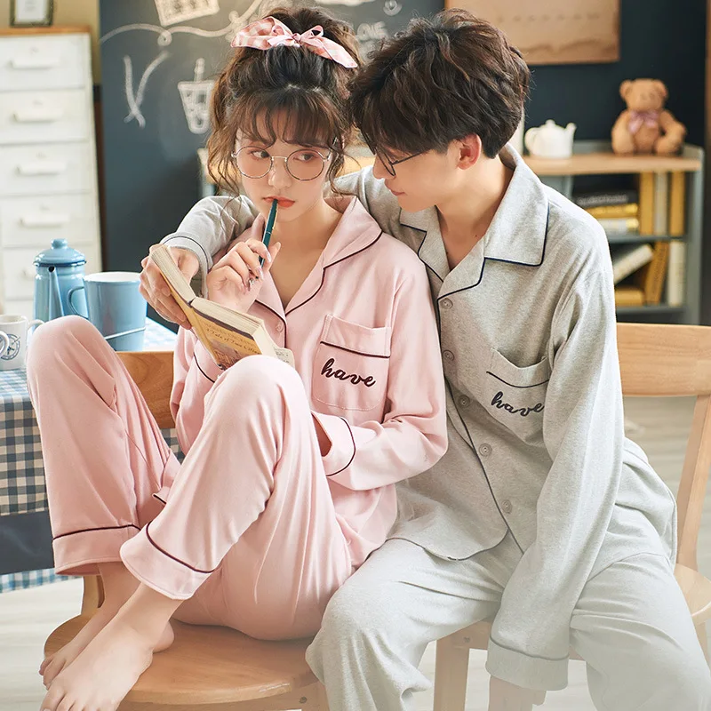 

Осенняя Пижама для пар, женский корейский Кардиган из чистого хлопка с отворотом, простая Мужская домашняя одежда, одежда для сна из двух пр...