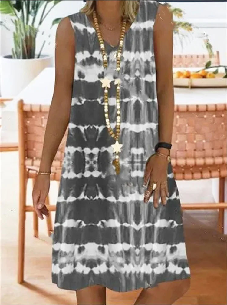 

Large Size Dress for Women Summer 2020 Casual Loose Striped Printed Dresses Ladies Leisure V Neck sleeveless dress Vestidos