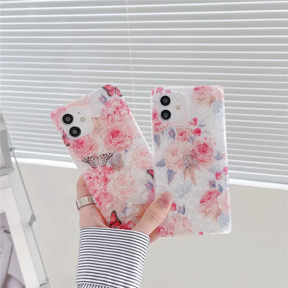 

Square Butterfly Rose Flower Phone Case For iPhone 12 11 PRO MAX XS X XR 7 8 PLUS Cartoon Clear Silicone Soft Protective Cover