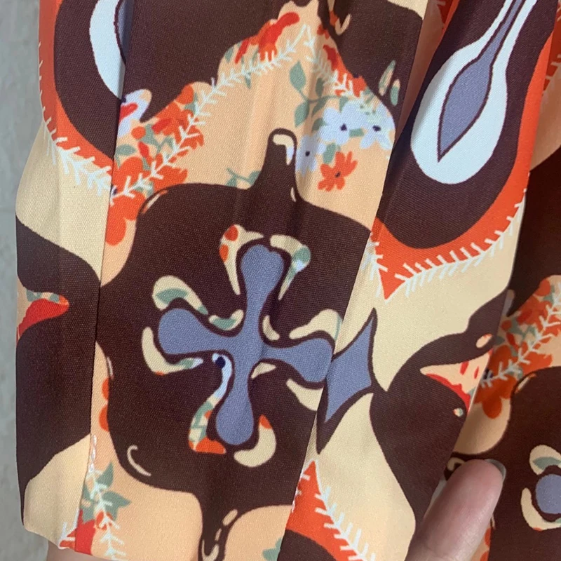 

VGH Print Split Dress For Women V Neck Puff Sleeve High Waist Hit Color Vintage Dresses Female Spring Fashion New Clothing Style