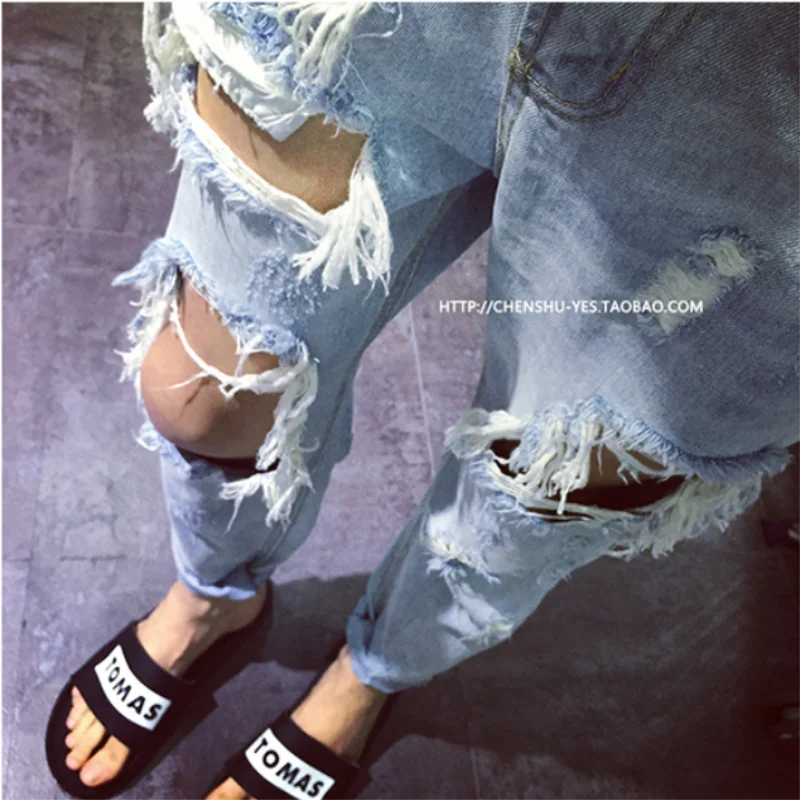 

28-42 Big Ripped Jeans Trendy Men Exaggerated Trend Wild Cropped Pants Oversized Super Ripped Personality Nightclub Mens Jeans