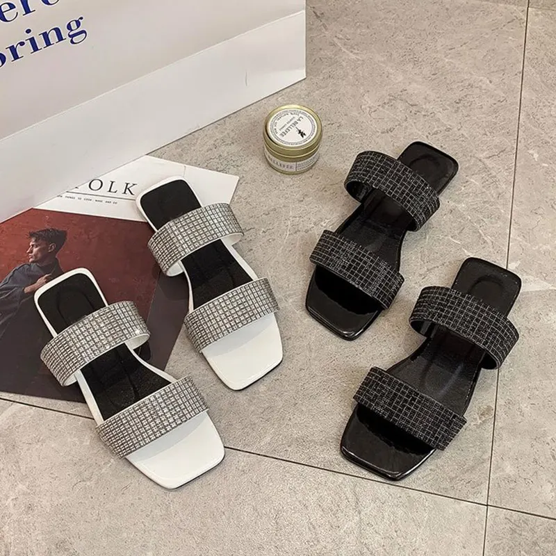 

Women Summer Flat Slippers Elegant Ladies Square Toe Slides Outside Shoes Female Crystal Bling Sandals Fashion Woman Shoes 2021