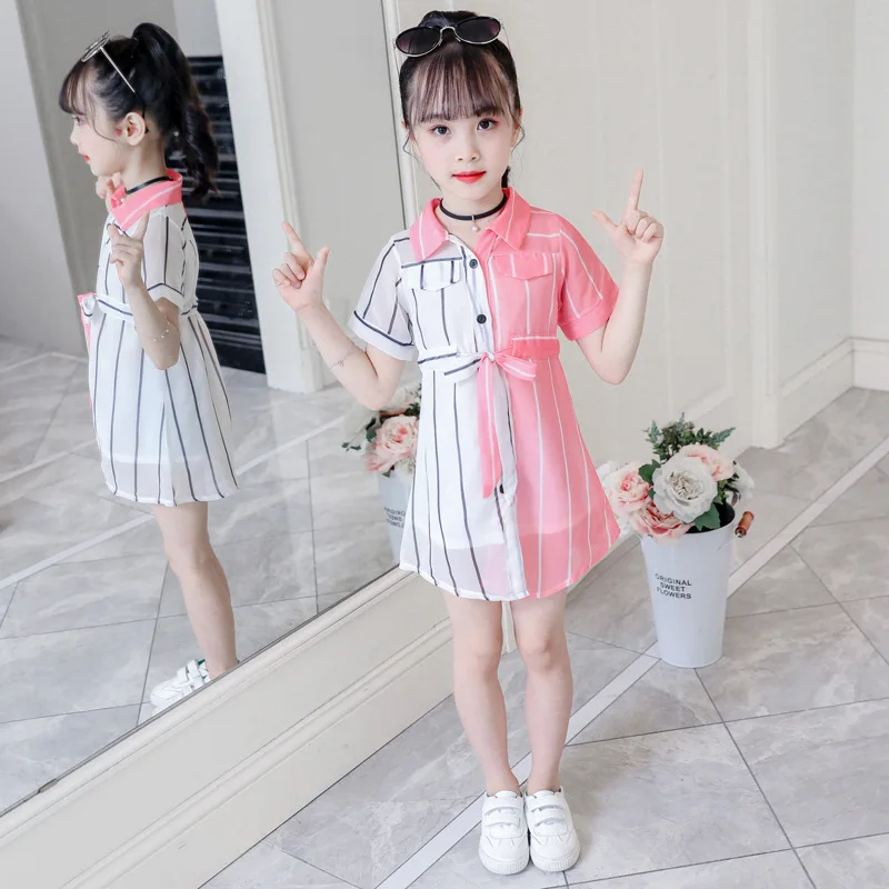 

Модный костюм Jargazol для девочек-подростков, платья, корейские платья принцессы в полоску с коротким рукавом, шифоновая одежда, наряды на 10 ле...