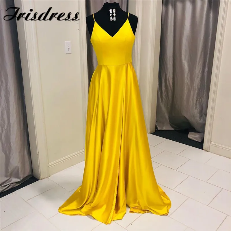 

Gold A-line Prom Dresses Long 2020 Sexy V-neck Imported Evening Dress With Split Formal vestidos de fiesta de noche Custom Made
