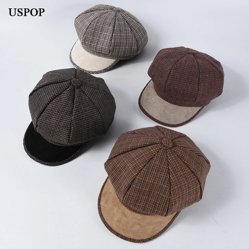 Женская Шерстяная кепка в клетку USPOP винтажная Кепка с восьмиугольным козырьком