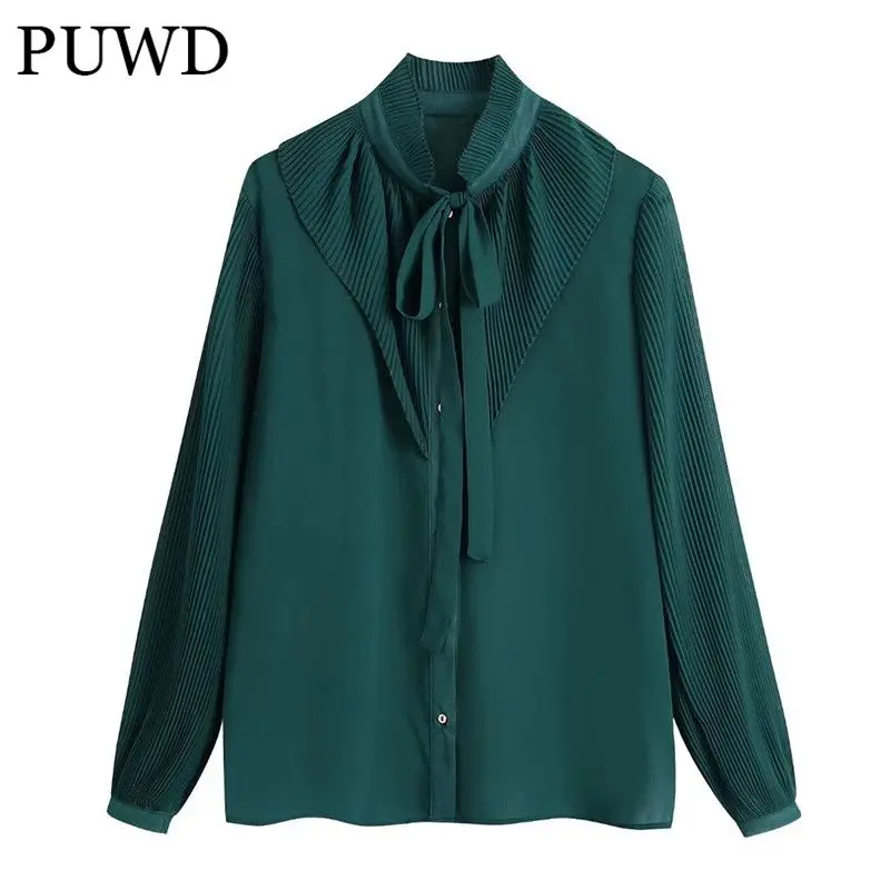

PUWD Casual Women Turn-down Collar Bow Lace Blouse 2021 Autumn Fashion Ladies Vintage Shirt Female Solid Color Shirt Top