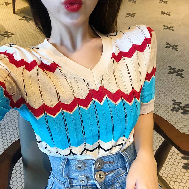 

Vintage Colours Stripe Slim O-neck T-shirt Women New Summer Short Sleeve Contrast Color Knit Tops Office Lady Knitwear Base Tees