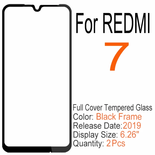 RedMi 7 Black 2 шт полное покрытие из закаленного стекла для Xiaomi redmi 6 6A 7 7A K20 Note 6 7 Pro, Защитное стекло для экрана для redmi S2 GO Y3 - Цвет: RedMi 7 Black