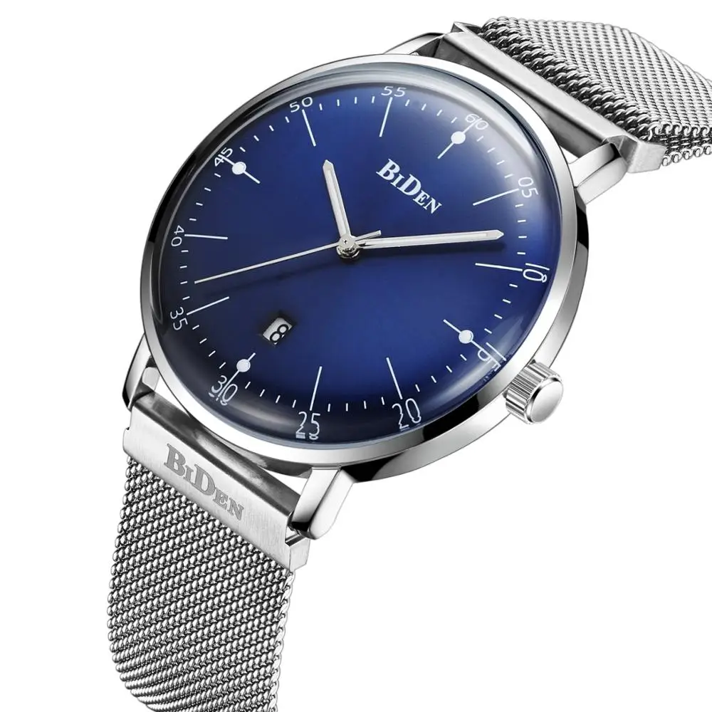 

BIDEN Men Watch Top Brand Fashion Male Watches Date Silver Blue Stainless Steel Quartz Wristwatches Waterproof Relogio Masculino