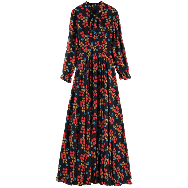 

2020 Fall Korean Fashion Dress Temperament Slim Bow Neck Chiffon Woman Party Large Size Dresses Red Black Yellow Clothing