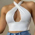 Топ женский на бретелях, с перекрещивающимися спереди вырезами, воротником-хомутом, без рукавов, с открытой спиной, летний