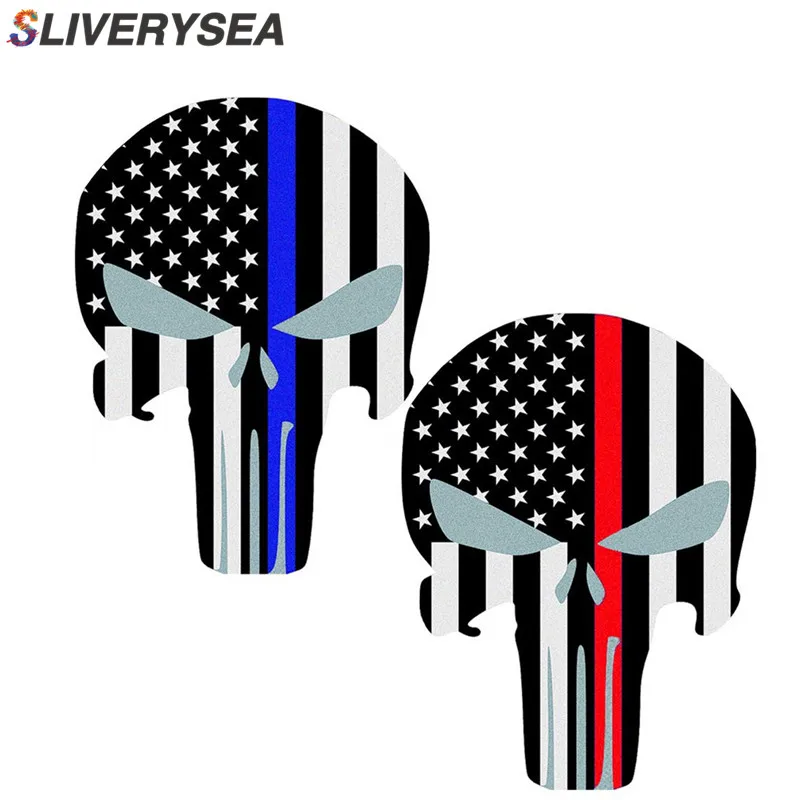 

4*6 Inch Car Styling Punisher Red Blue Line Skull Tattered Subdued Us Flag Stickers Vinyl JDM Car Stickers and Decals